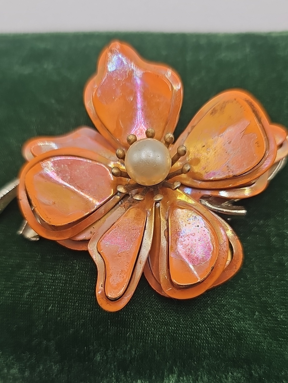 Vintage Iridesent Orange Flower Pearl Center Brooch - Women's Jewelry